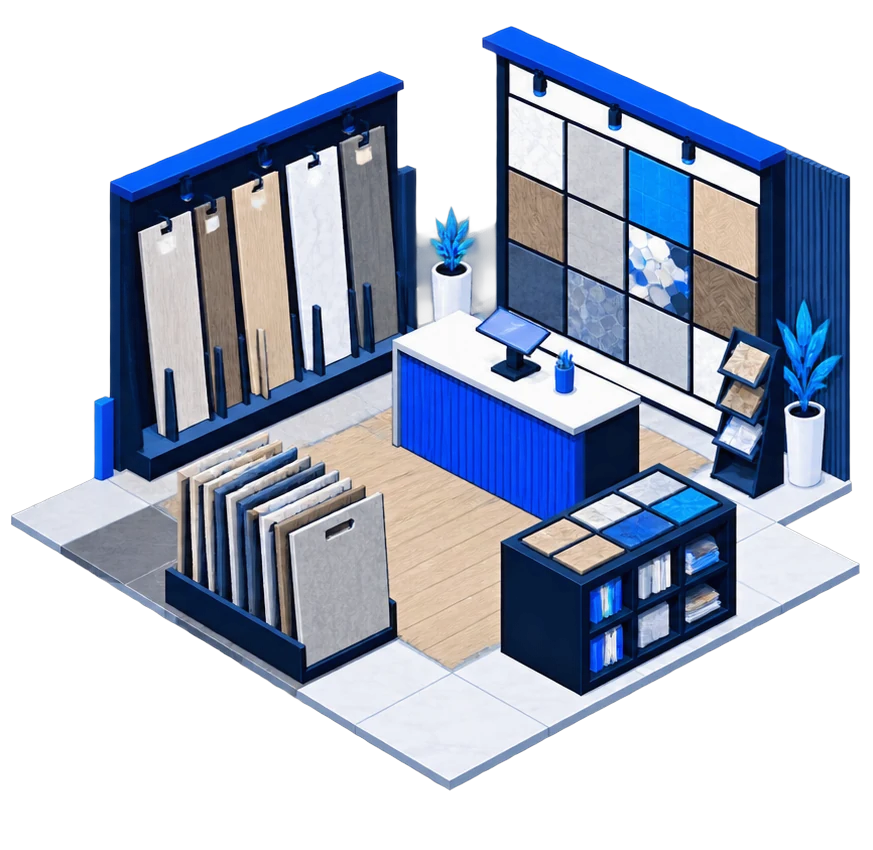 Flooring showroom with upright sample boards, a sample rack and a service counter