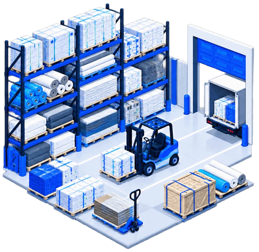 Warehouse aisle stacked with pallets of flooring, a forklift, and a loading truck